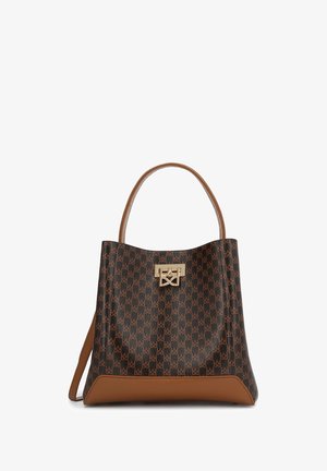 Sac à main à motifs marron avec des accents en cuir marron foncé et beige, une seule poignée supérieure et un fermoir en logo doré à l'avant.