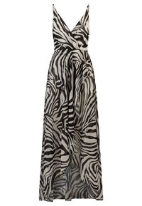 Schwarz-weißes Zebra-Musterkleid mit tiefem V-Ausschnitt, dünnen Trägern, fließender Silhouette und asymmetrischem Saum, gefertigt aus leichtem Stoff.