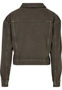 Dark gray denim jacket with a cropped design, pointed collar, and buttoned cuffs. Features back yoke stitching for added structure.