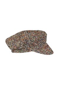 Gorra de lana con un acabado texturizado y multicolor que presenta una corona plana y un visor curvado, adornada con un pequeño logotipo.