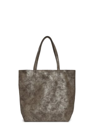 Borsa tote metallica grigia con una finitura testurizzata, dotata di due manici robusti e di un corpo rettangolare spazioso. Nessun ulteriore embellimento.