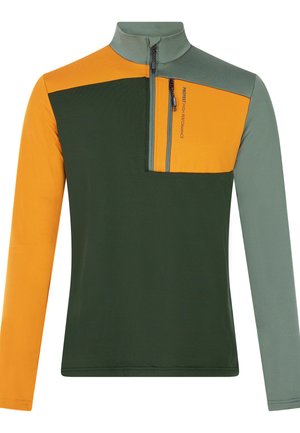 Groene, oranje en lichtgrijze langslavendige pullover met hoge kraag, half-rits aan de voorkant en een borstzak met ritsdetail.