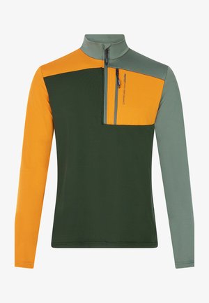 Groene, oranje en lichtgrijze langslavendige pullover met hoge kraag, half-rits aan de voorkant en een borstzak met ritsdetail.