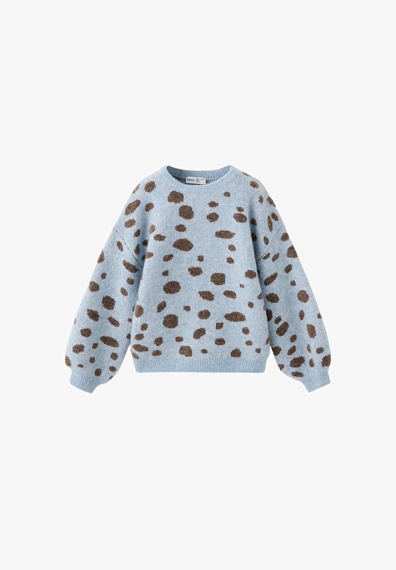 Pull tricoté bleu clair avec manches larges et motif de taches irrégulières marron foncé sur toute la surface.