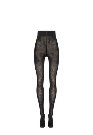 Collants opaques noirs avec un motif texturé à petits points, dotés d'une taille haute et d'une finition lisse sur les sections des jambes.