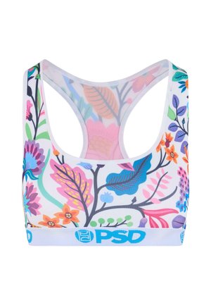 White sports bra with floral pattern in vibrant colors, featuring a racerback design and a blue branded band at the bottom.