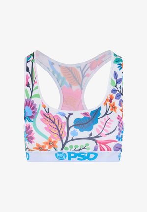 Soutien-gorge de sport blanc avec un motif floral aux couleurs vives, présentant un design dos nageur et une bande de marque bleue en bas.
