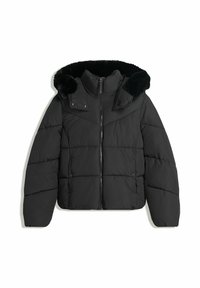 Zwarte gewatteerde winterjack met voorkant rits, drukknoopsluitingen en een afneembare capuchon gevoerd met zwarte fauxbont trim.