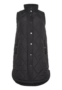 Schwarze gesteppte Weste mit hohem Kragen, ausgestattet mit silbernen Druckknöpfen, seitlichen Taschen und einem leicht abgerundeten Saum. Weicher Stoff, ärmelloses Design.