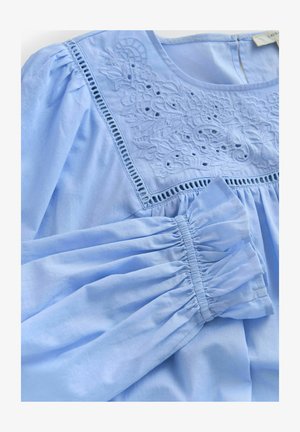 Light blue blouse with floral embroidery and lace detailing along the neckline, featuring gathered sleeves and a textured fabric.