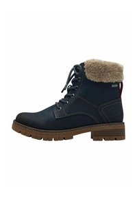 Bottines en cuir bleu avec un col en fausse fourrure marron, bout rond, fermeture à lacets et semelle en caoutchouc texturé avec des crampons profonds.