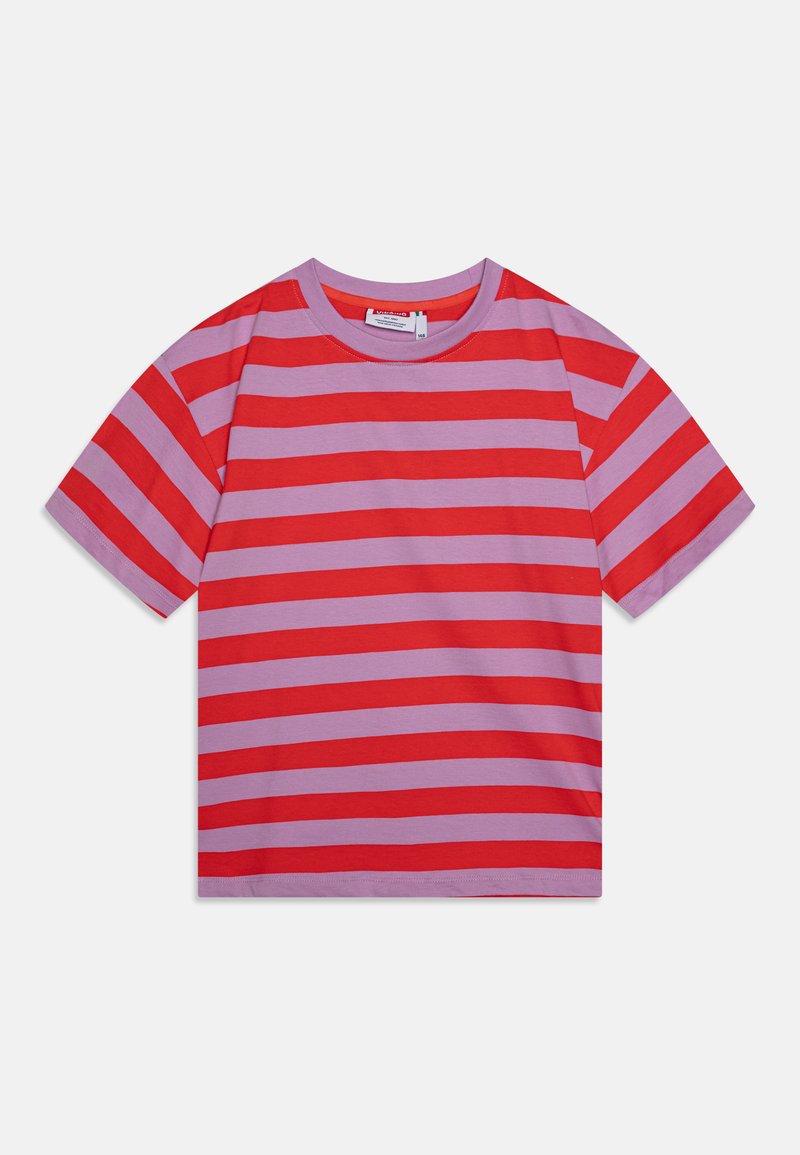 Kurzärmliges T-Shirt mit horizontalen roten und lavendelfarbenen Streifen. Aus Baumwolle gefertigt; hat einen Rundhalsausschnitt und eine lockere Passform.