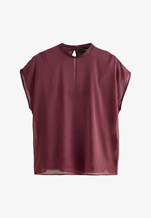 Bordowa, przezroczysta bluzka z krótkimi, luźnymi rękawami, wysokim kołnierzem i małym otworem w kształcie klucza z tyłu. Teksturowany materiał.