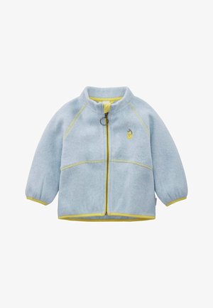 Giacca in pile azzurro chiaro con bordi gialli, zip frontale con tirante a anello, maniche lunghe e piccolo ricamo di limone sul petto.