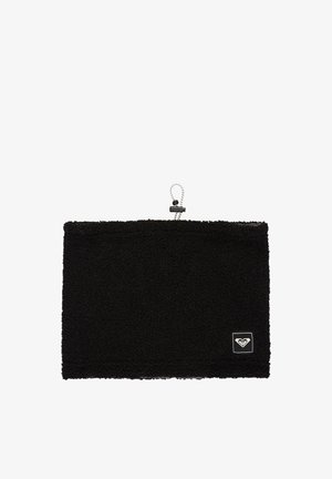 Tour de cou en polaire rectangulaire noir avec cordon élastique ajustable et petit patch logo blanc dans un coin.