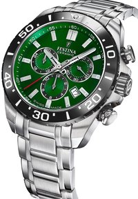 Orologio in acciaio inossidabile con quadrante in ceramica verde, funzioni cronografo, lunetta nera, dettagli argentati e bracciale a maglie.