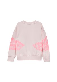 Lichtroze sweatshirt met lange mouwen, ribbelmanchetten en -zoom. Heeft roze wolkachtige accenten op de mouwen. Zachte stofstructuur.
