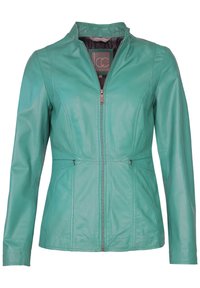 Teal leren jack met een rechte kraag, voorrits, getailleerde taille en twee zijzakken. Glad textuur met subtiele stikdetails.