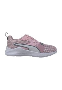 Scarpe sportive rosa con una tomaia in rete, accentuate da un pannello riflettente argento e un colletto imbottito, con una suola in gomma bianca.