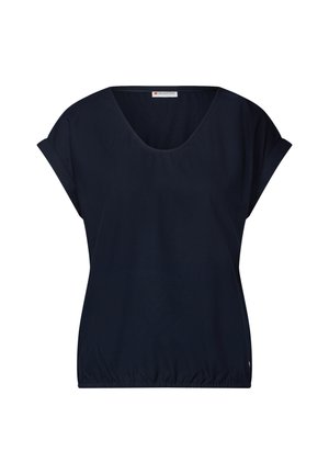 Top blu navy a maniche corte con scollo a barco e cintura elasticizzata. Realizzato in tessuto morbido con una texture liscia, con dettagli minimi.