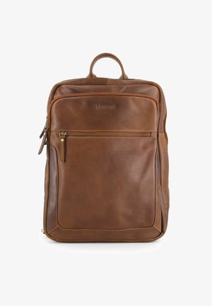 Brauner Leder-Rucksack mit rechteckigem Design, der über ein zentrales Reißverschlussfach, eine Fronttasche und einen oberen Griff zum Tragen verfügt.