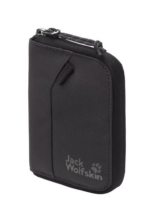 Portaoggetti rettangolare nero con cerniera, tessuto testurizzato e logo Jack Wolfskin nell'angolo in basso a destra.