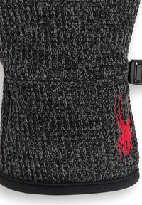 Zwarte gebreide handschoen met gestructureerde stof, met een strakke pasvorm en een rode spinnenlogo accent op de manchet. Ingebouwde band voor een veilige sluiting.