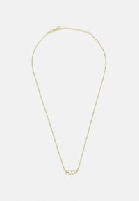 Guld halskæde med en fin kæde og en central vedhæng med ordet "MOM" i blokbogstaver. Enkel design med poleret finish.
