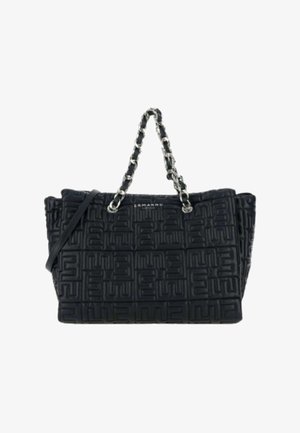 Borsa Emannò nera con motivo geometrico in rilievo, manici a catena argentata intrecciati con pelle nera e una sottile tracolla in pelle.
