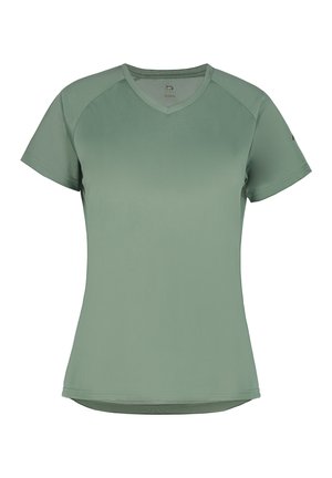 Kortärmad v-ringad t-shirt i en dämpad grön färg. Tillverkad av ett mjukt, lätt material med raglanärmar och rak nederkant.