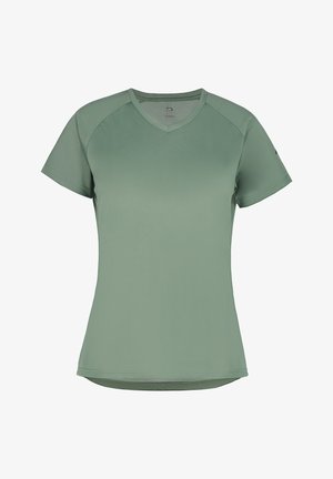 Koszulka z krótkim rękawem, dekolt w serek w stonowanym zielonym kolorze. Wykonana z gładkiego, lekkiego materiału, z rękawami raglanowymi i prostym dołem.