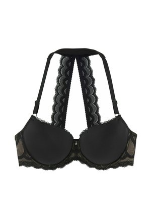 Black lace push-up bra with padded cups and a racerback design featuring scalloped lace straps and adjustable shoulder straps.