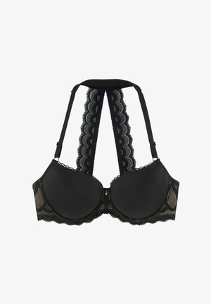 Black lace push-up bra with padded cups and a racerback design featuring scalloped lace straps and adjustable shoulder straps.