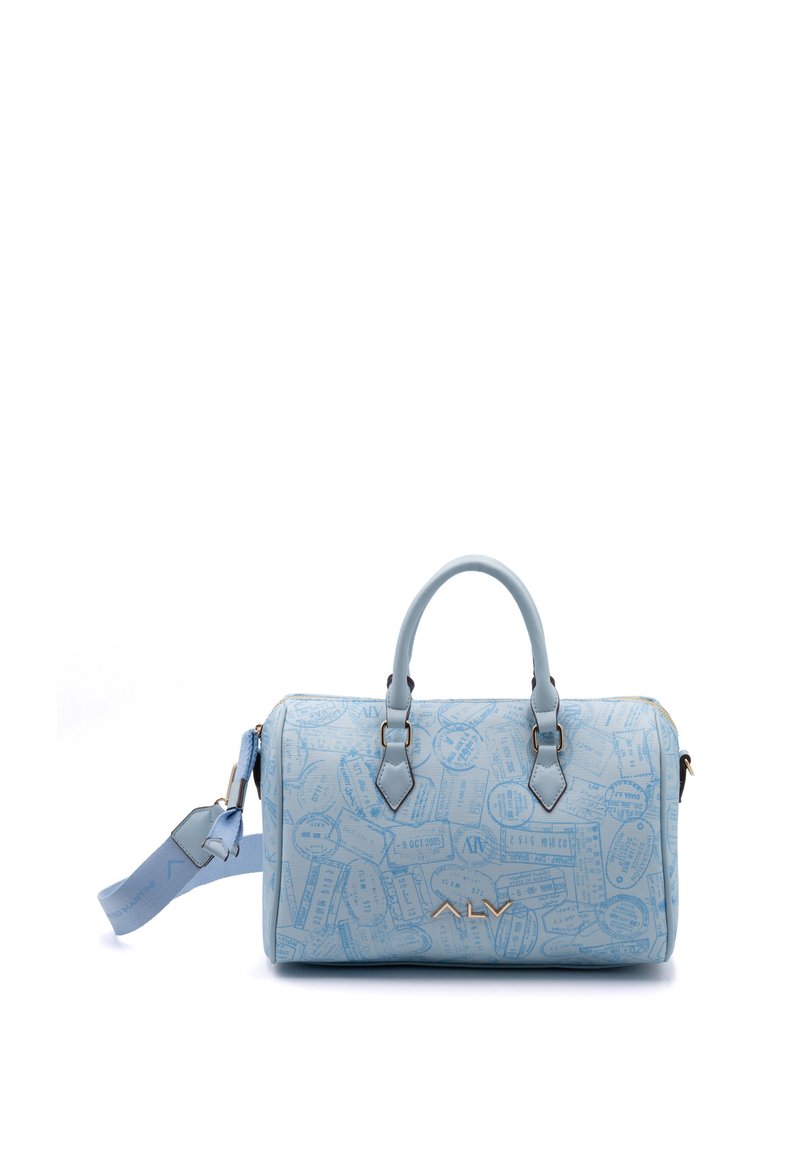 Sac à main bleu clair avec des motifs d'estampes, poignées doubles et une bandoulière amovible. Texture lisse et accents en métal doré.