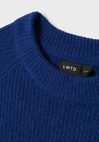 Blauer Strickpullover mit gerippter Textur und Rundhalsausschnitt. Das Etikett zeigt "LMTD" und das Größenetikett.