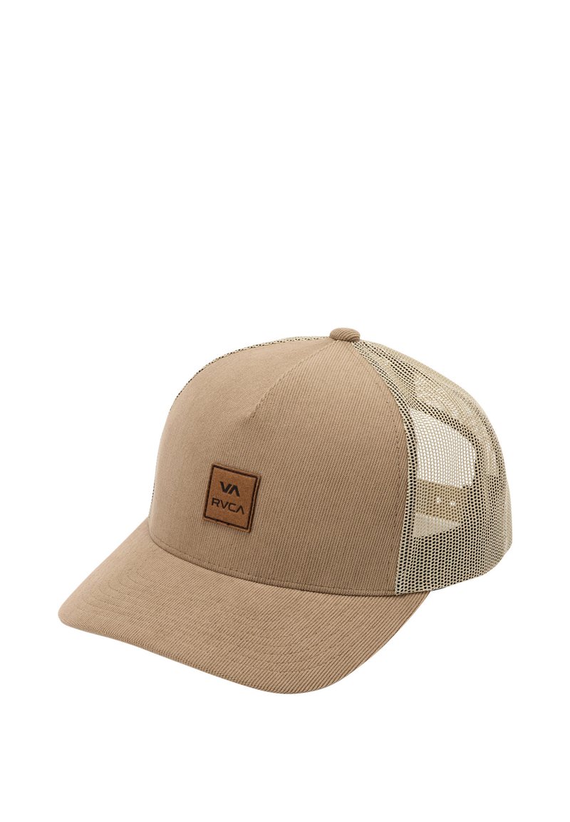 Beige cap with a solid front made of textured fabric and a mesh back. Features a square leather logo patch on the front.