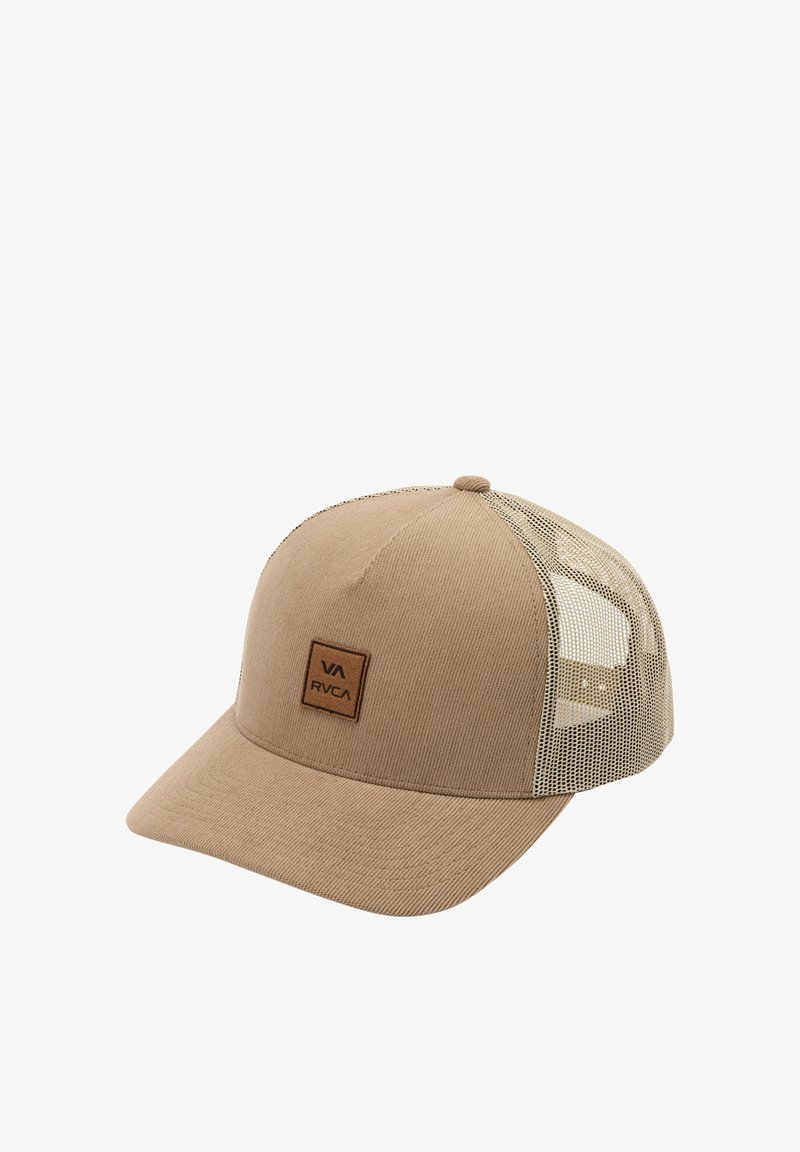 Beige cap with a solid front made of textured fabric and a mesh back. Features a square leather logo patch on the front.