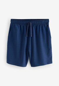 Pantalones cortos azul marino de tela suave, con cintura elástica y cordón, dos bolsillos laterales y corte recto.