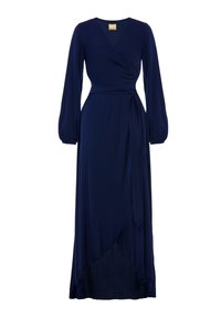 Granatowa sukienka kopertowa z lekkiego materiału, z długimi rękawami puff, głębokim dekoltem w literę V oraz asymetrycznym dołem o miękkich draperiach.