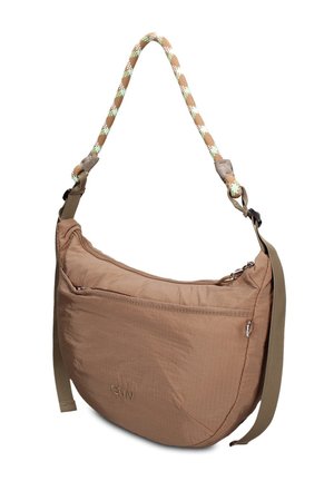 Borsa a tracolla marrone a forma di mezzaluna con tasca frontale con zip e tracolla regolabile, con manico in corda beige e verde.