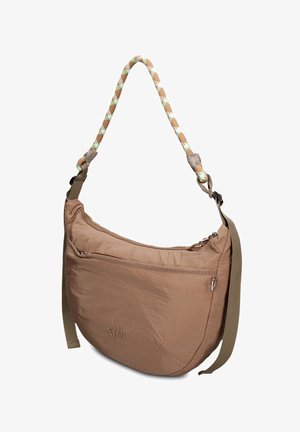 Borsa a tracolla marrone a forma di mezzaluna con tasca frontale con zip e tracolla regolabile, con manico in corda beige e verde.
