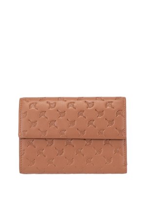 Lysebrunt læderpung præget med et gentaget mønster af små ginkgo-bladformer, rektangulær med klaplukning.