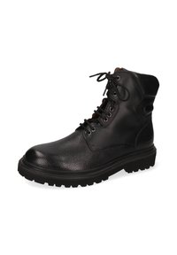 Bota de combate de cuero negro con acabado texturizado, parte frontal con cordones, cuello acolchado y suela de goma resistente para tracción y durabilidad.