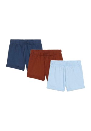 Trois paires de shorts en coton : bleu marine, orange rouille et bleu clair. Chaque paire est dotée d'une taille élastique et d'un tissu doux et lisse.