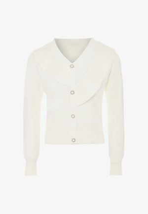 White cardigan with a v-neck and a large collar, featuring six silver buttons down the front and ribbed cuffs. Soft knit material.