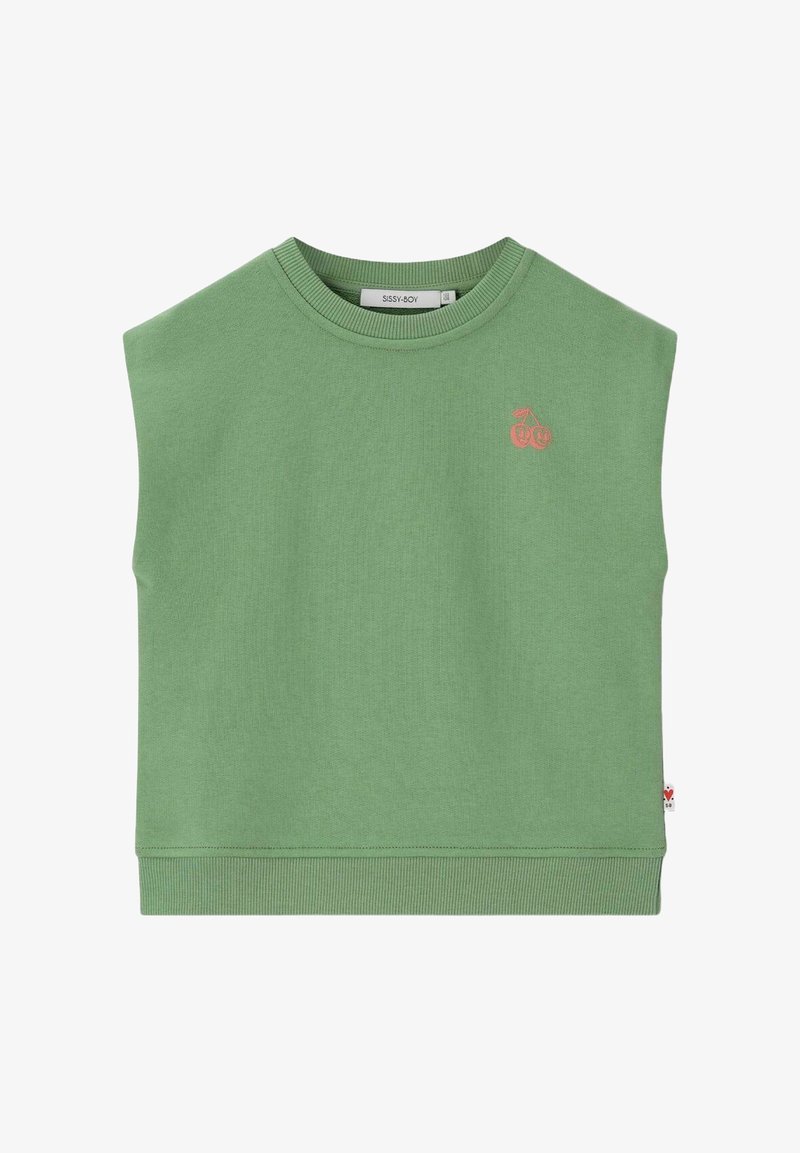 Haut vert sans manches en tricot avec col rond et ourlet côtelés, orné d'une petite broderie rouge de cerise sur le côté gauche de la poitrine.