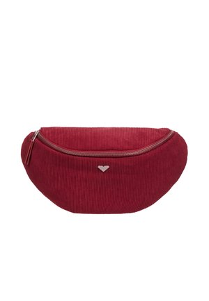 Red corduroy fanny pack with silver zipper and small silver heart-shaped emblem on front, shown against white background.