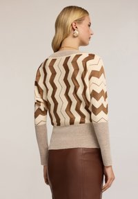 Strickpullover mit einem Zickzackmuster in Creme, Braun und Beige. Lange Ärmel mit gerippten Bündchen, taillierte Taille und ein kontrastierender unterer Abschnitt.