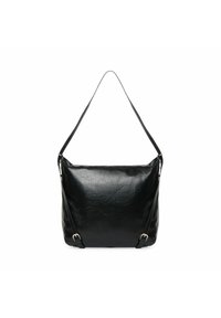 Sac à épaule noir décontracté en cuir synthétique texturé, avec une large bandoulière et des accents en métal sur les côtés.