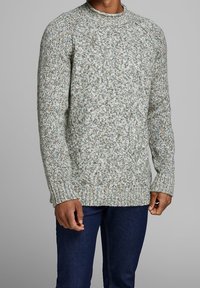 Hellgrauer, gestrickter Pullover mit einer strukturierten, gesprenkelten Musterung, gerippten Bündchen und rundem Ausschnitt, getragen über dunkelblauer Jeans.